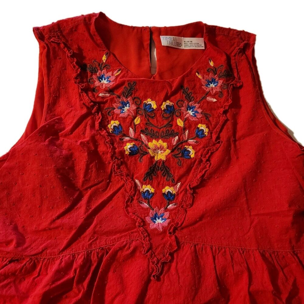 Embroidered Ruffled Sleveless Tank Top Womens XL Red Peplum Lined